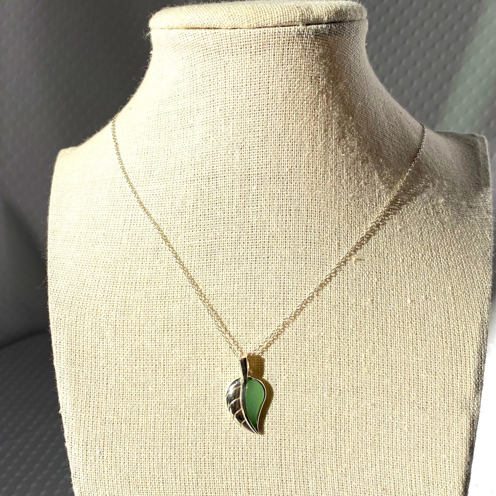 Sterling Silver 925 Jadeite Jade Leaf Pendant 19.5" Chain Necklace